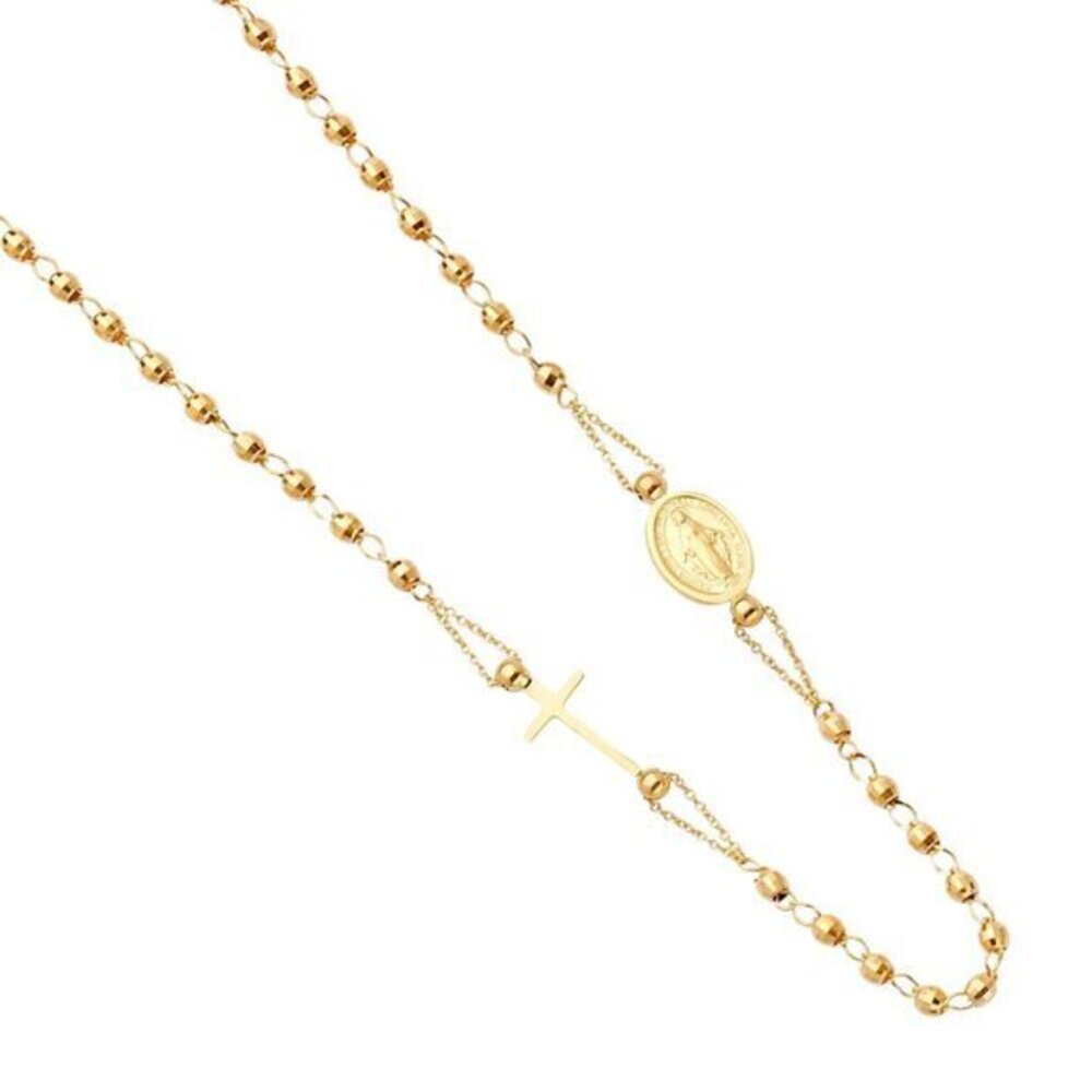 Solid Real 14K Yellow Gold Cross and Virgin Mary Rosario Necklace